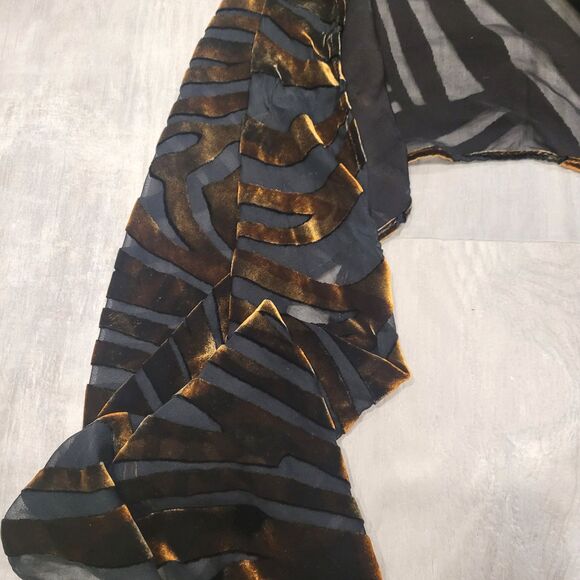 Chico's Silk Rayon Sheer Scarf 13” x 63” Gold Velvet Black Net Fringe Elegant - Picture 2 of 7